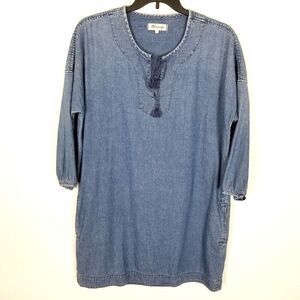Madewell Chambray‎ Artiste Denim Dress Size L Tassel Tie Pockets Mini 3/4 Slvs